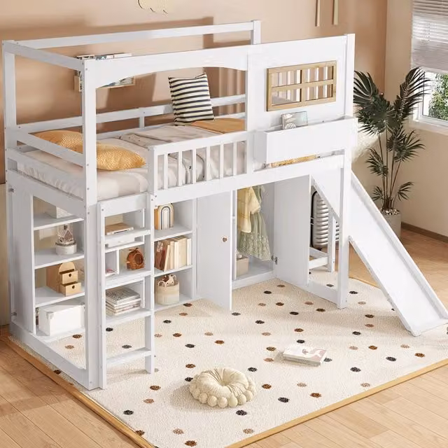 Letto a soppalco singolo per bambini 90×200 cm con scivolo, ripiani e armadio, senza materasso, bianco naturale