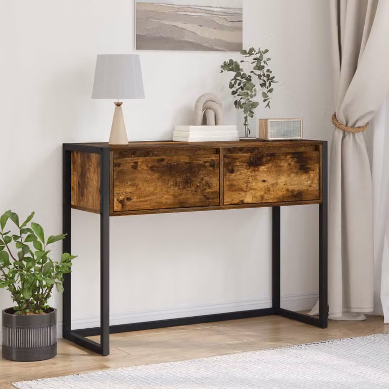 Tavolino da soggiorno vidaXL in legno e metallo stile industriale, colore marrone quercia, L 100 x P 36 x H 75 cm