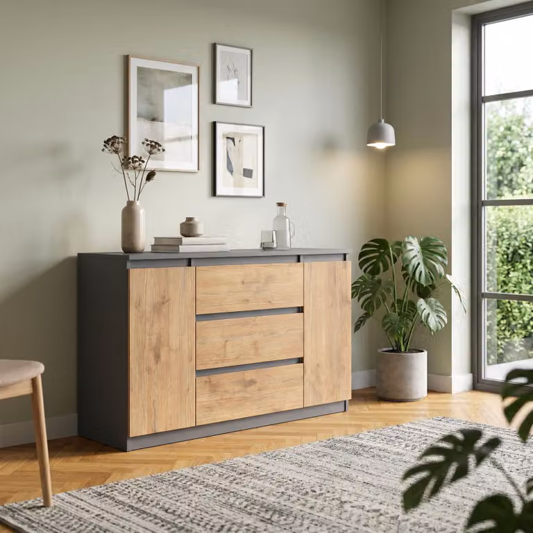 Comodà Masseno NUDO da 120 cm con 3 cassetti e 2 ante per soggiorno e camera da letto, stile moderno, 120x39x78,5 cm, antracite / rovere