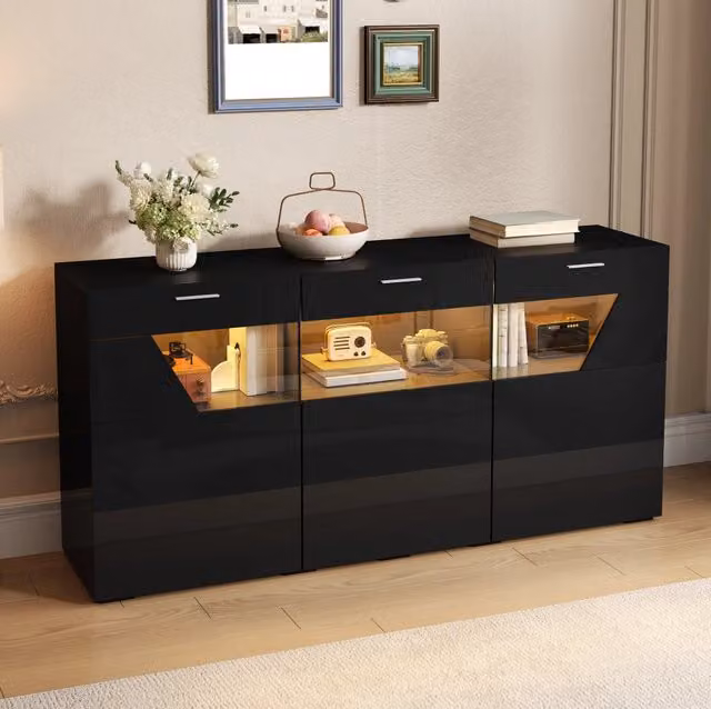 Credenza sideboard con 3 ante; vetro e LED controllabile via app; 160x38x78 cm; nero lucido