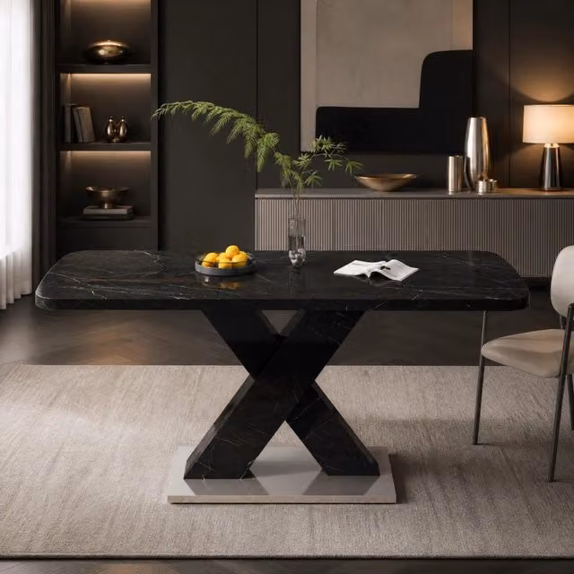 Tavolo da Pranzo Rettangolare Estensibile 120-160 cm con Piano in Marmo Nero Stampato e Gambe a X in MDF con Base in Metallo