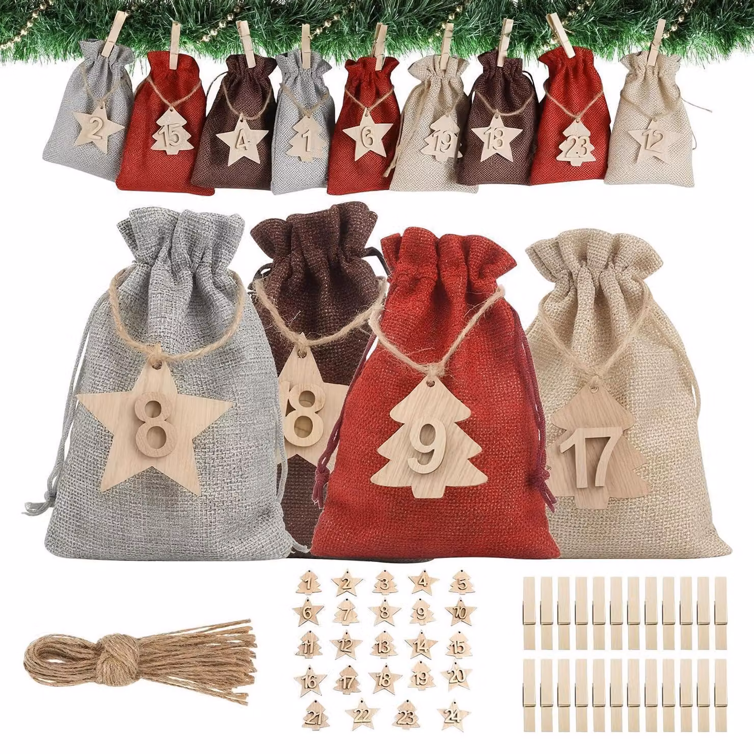 Calendario dell'Avvento da riempire, 24 sacchetti, calendario di Natale fai-da-te, tessuto, 4 colori, con applicazioni in legno e graffette
