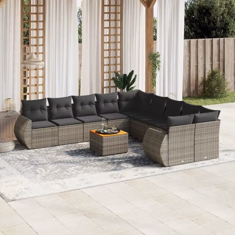 vidaXL Set Divani da Giardino 11 pz in Polyrattan Grigio con Cuscini e Tavolino da Esterno