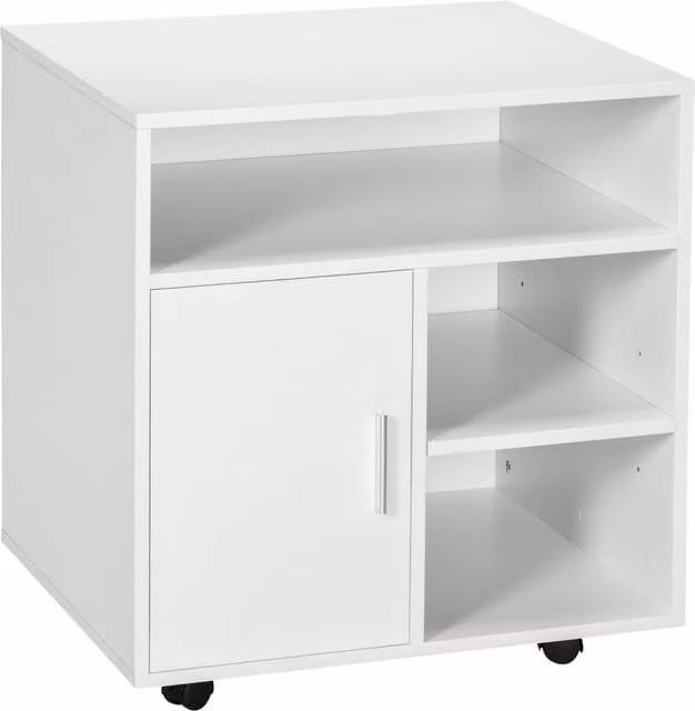Mobiletto porta stampante HOMCOM in legno bianco con ripiani aperti e armadietto, L 60 cm x P 50 cm x H 65,5 cm