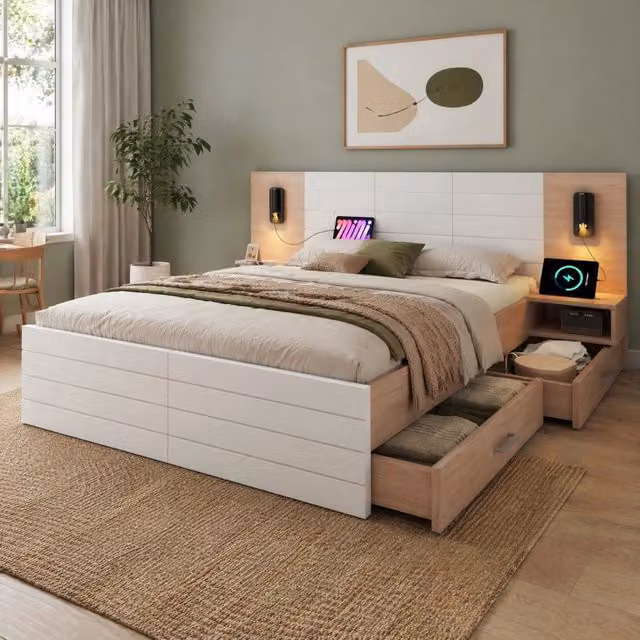 Letto Mivray con cassetti e comodini integrati, luce da lettura e porta USB, colore bianco e rovere chiaro, L/P: 160 x 200 cm