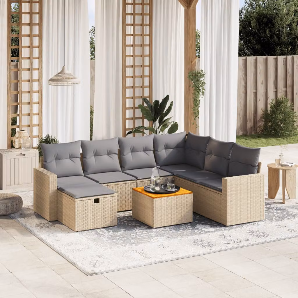 vidaXL Set Divano da Giardino a L 8 pz con Cuscini Beige e Grigio in Polyrattan e Acciaio – 1