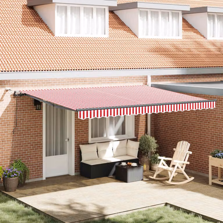 Tenda retrattile vidaXL con bracci pieghevoli e telecomando, Rosso e Bianco, Poliestere, L: 450 cm, P: 300 cm