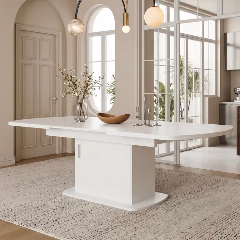 Tavolo da pranzo ovale allungabile con spazio contenitivo, tavolo multifunzionale per la sala da pranzo con maniglia argentata, tavolo da cucina 140-200 cm, bianco