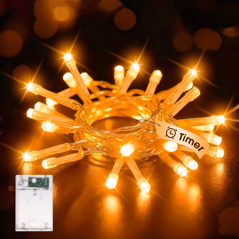 Catena luminosa a LED, lunghezza 3 metri, 30 LED arancioni, con timer, alimentazione a batteria, grado di protezione IP44
