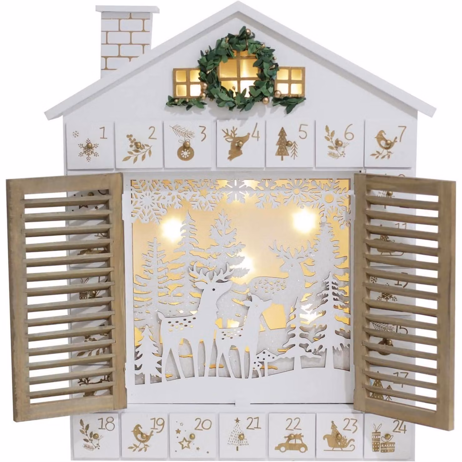 Calendario dell'Avvento in legno, con 24 cassetti, illuminazione LED, decorazione a tema renna