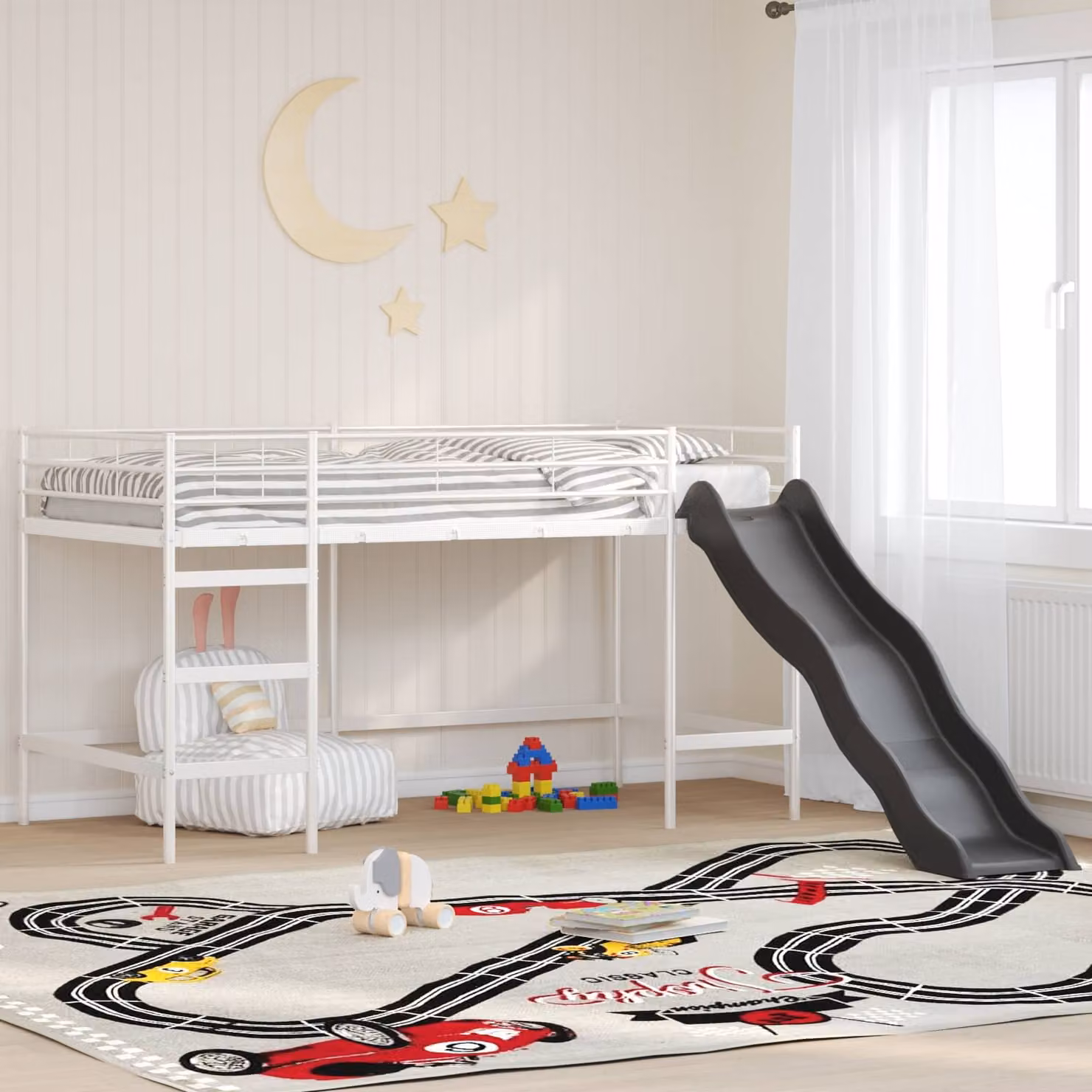 vidaXL Letto loft per bambini con scala e scivolo in metallo Bianco e Antracite L/P/H: 200 x 100 x 205 cm – 1