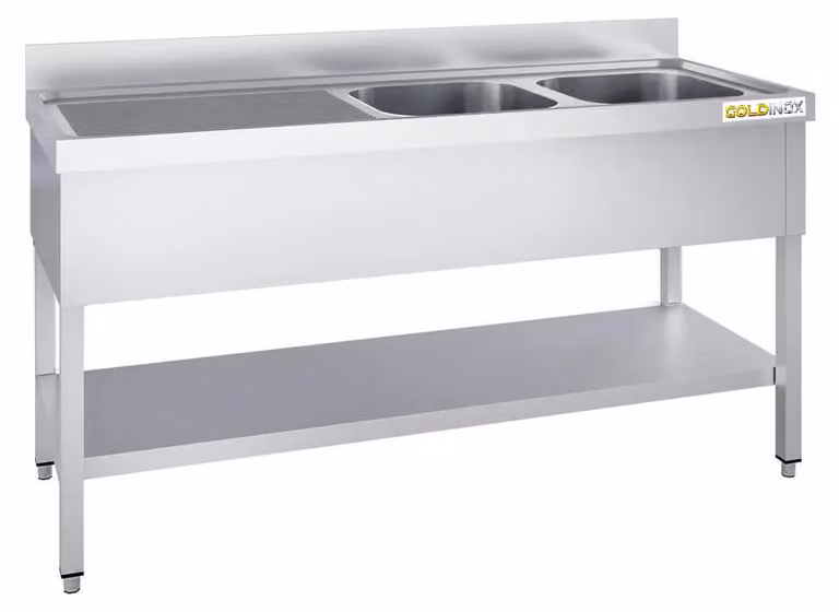 Lavello in acciaio inossidabile 1800x700 mm con 2 vasche a destra e scolapiatti a sinistra, modello PREMIUM - GOLDINOX