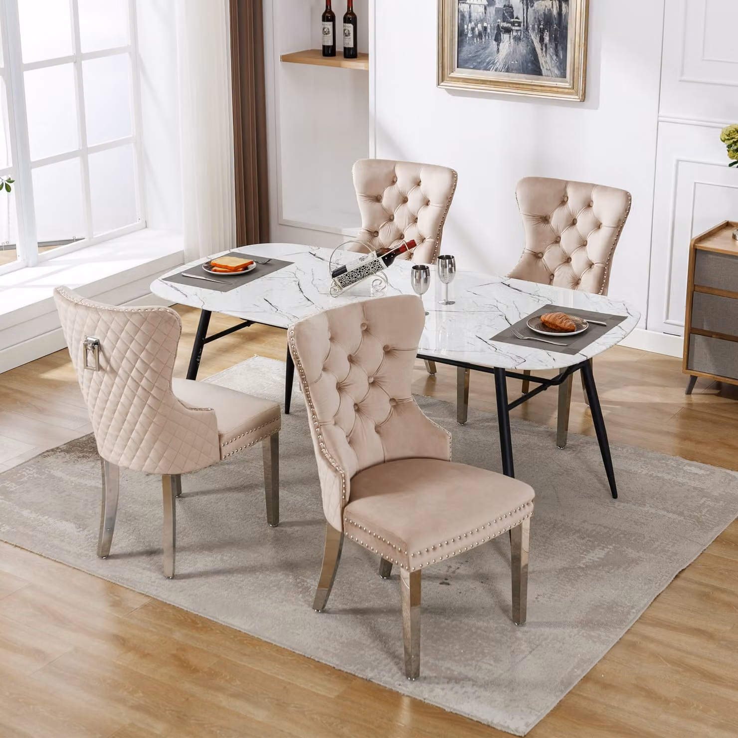 okwish, set di 4 sedie da pranzo, ideali per la cucina, l'ufficio o la zona relax. Sedie imbottite con gambe in metallo e rivestimento in velluto (beige con motivo a chiodini)