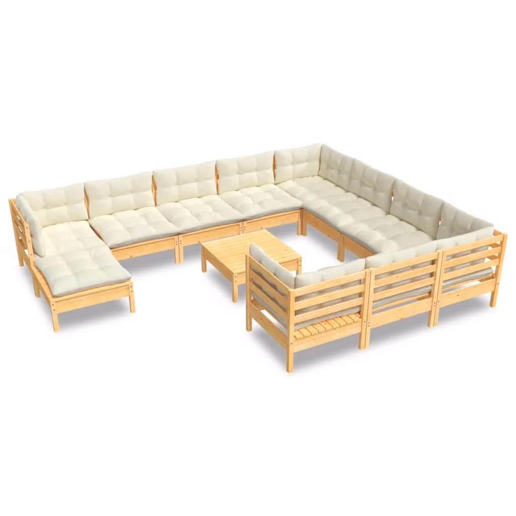 Set Divani da Giardino 12 pz con Cuscini Crema Massello di Pino
