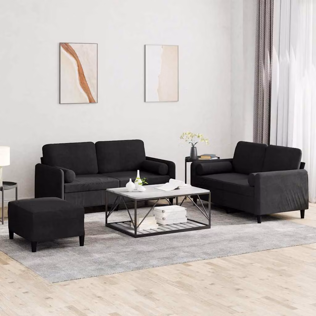 Set di divani 3 pezzi vidaXL in velluto nero con cuscini per soggiorno – 1