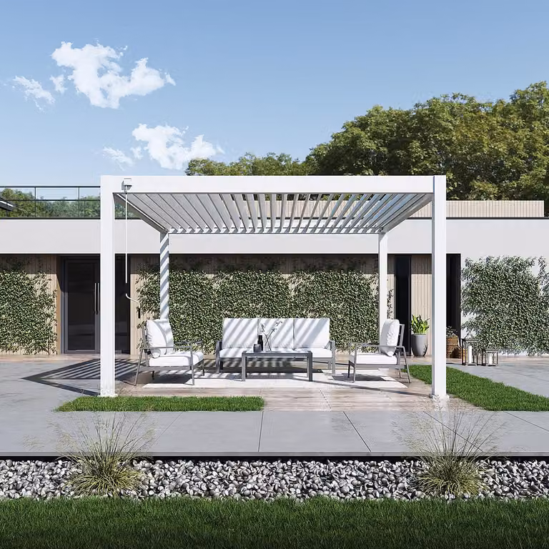 Pergola Weide Deluxe Plus interamente in alluminio 4x4 m con tetto a lamelle, indipendente, bianca