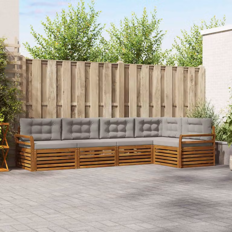 vidaXL Set di divani da esterno a L in legno di acacia con cuscini, Grigio e Marrone