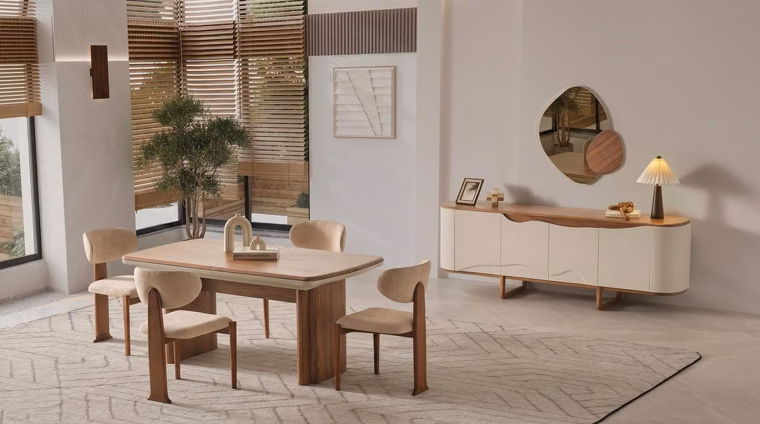 Set per sala da pranzo: tavolo, 4 sedie, consolle e specchio. Stile: elegante e moderno