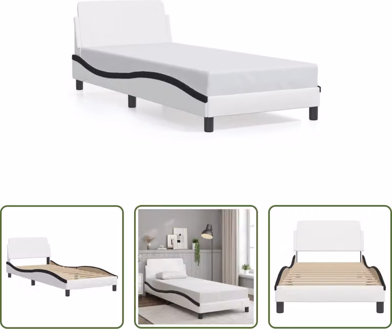 The Living Store Struttura letto con testiera bianca e nera 90x200 cm in ecopelle