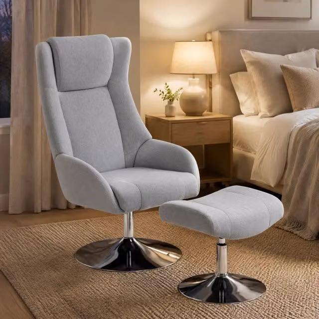 Poltrona relax girevole REDOM con poggiapiedi integrato, rivestimento in tessuto grigio, L: 68 cm, P: 84 cm, H: 118 cm