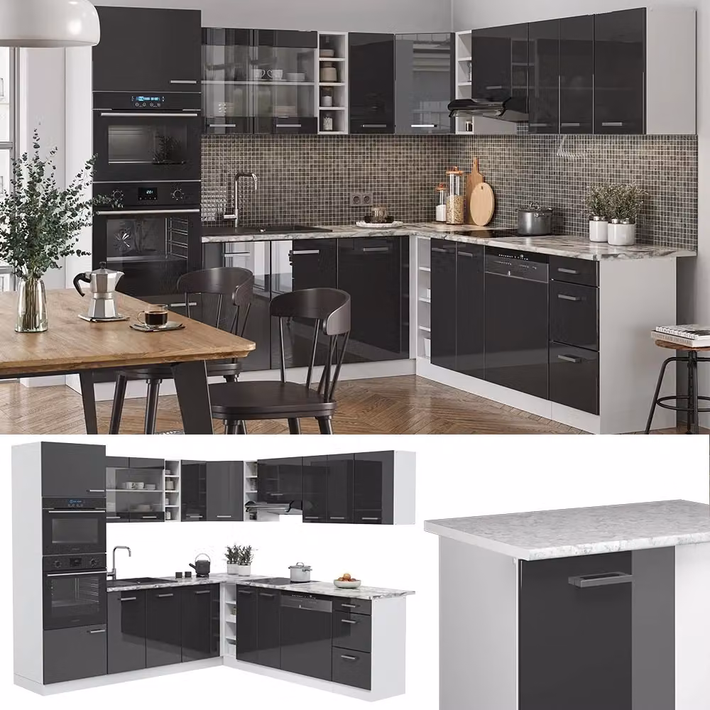 Cucina angolare moderna Vicco R-Line in antracite lucido e bianco con piano effetto marmo 247 x 237 cm – 2