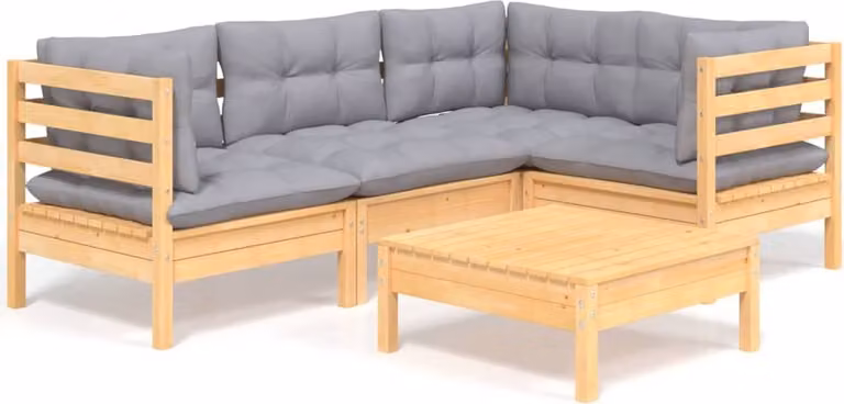 Set Divani da Giardino 5 pz con Cuscini Grigi Massello di Pino
