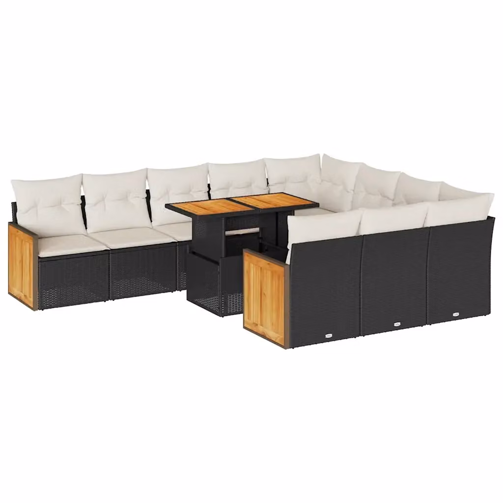 Set di Divani da Giardino vidaXL in Polyrattan e Legno di Acacia Nero con Cuscini, Forma a U e Tavolino da Esterno, 11 Pezzi – 2