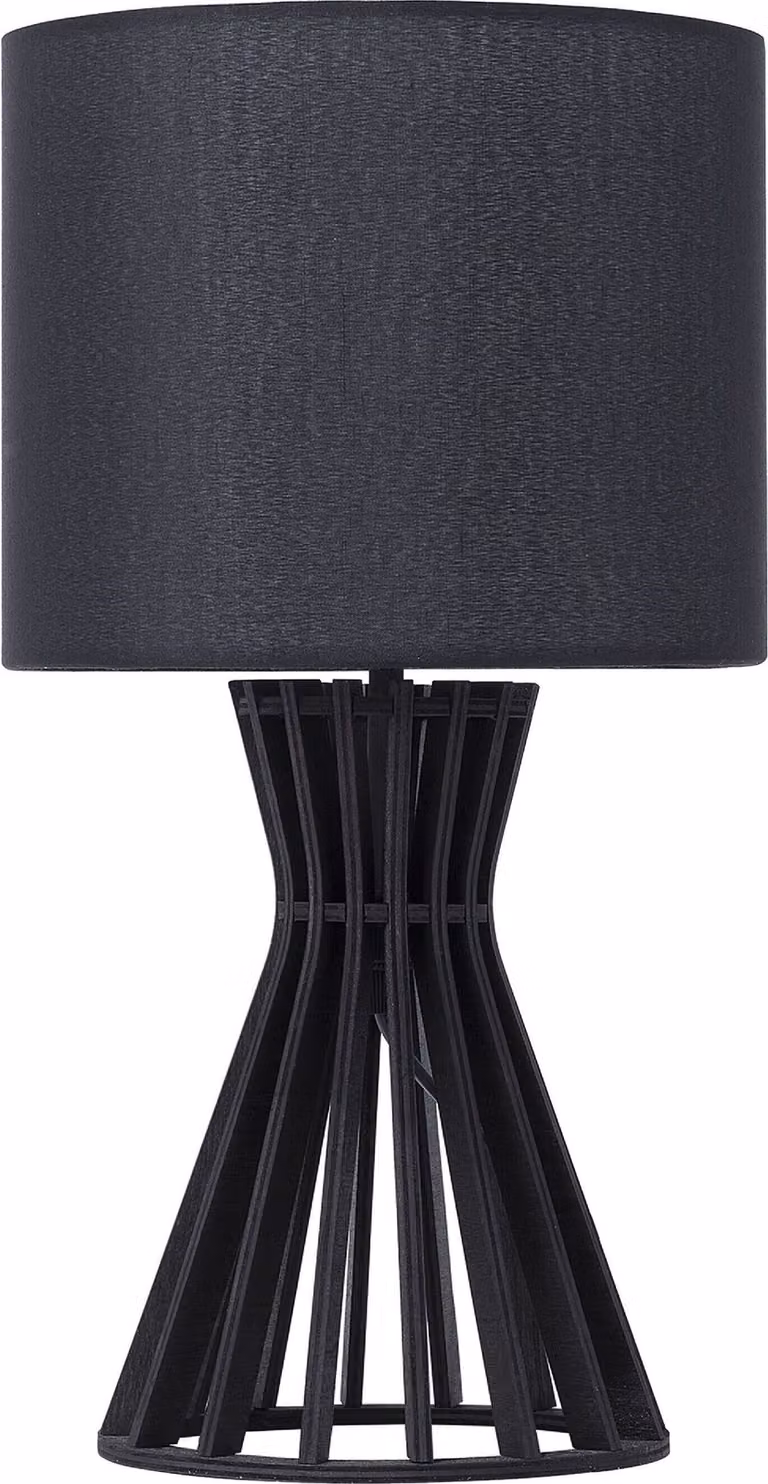 BELIANI Lampada da tavolo in legno nero, base in tessuto con paralume rotondo da 37 cm e design a reticolo, cavo con interruttore, stile country