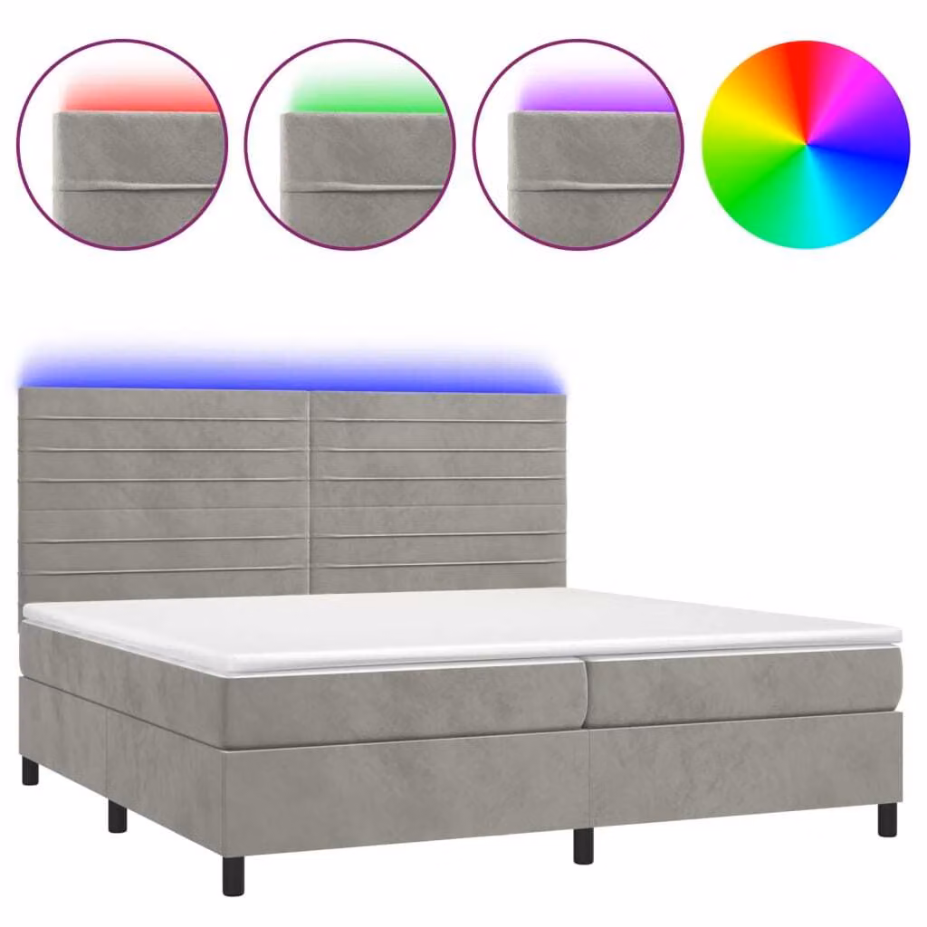 Letto a Molle Materasso e LED Grigio Chiaro 200x200 cm Velluto