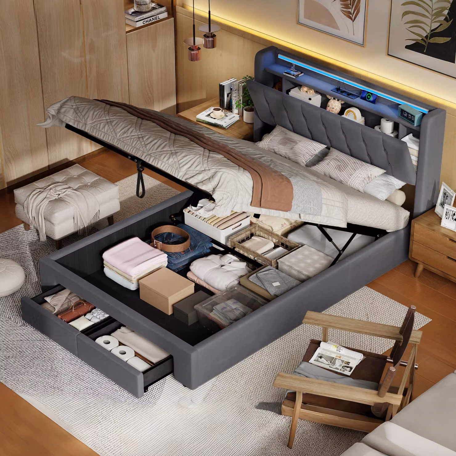 Letto matrimoniale MODFU 140x190, imbottito con spazio contenitore idraulico, letto per ragazzi con cassetti, testiera LED e prese di corrente, struttura del letto senza materasso, colore grigio