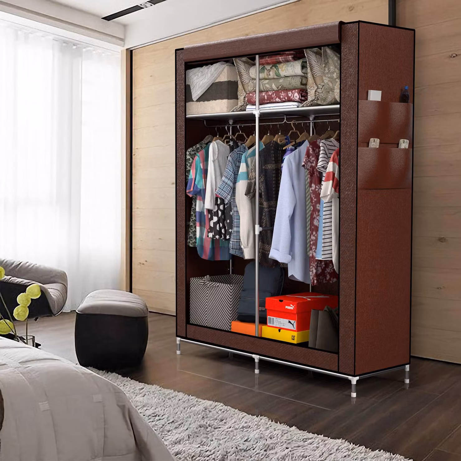 Armadio imbottito, dimensioni 108x170x45 cm, colore marrone, per abbigliamento