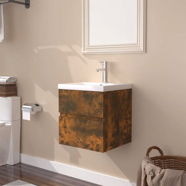 Mobiletto da bagno sospeso vidaXL con lavabo integrato in rovere fumo e bianco, design moderno con ante e cassetti
