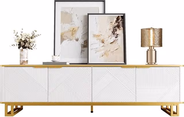 Mobile TV a quattro ante, supporto TV, pannello TV, supporto TV basso. Design unico, texture geometrica. 160 x 37,5 x 48 cm (L x P x A)