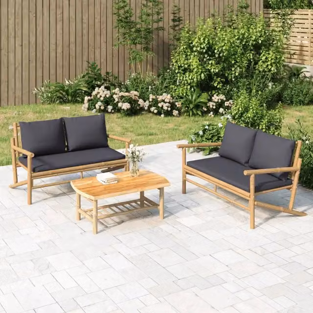 Set Salotto da Giardino vidaXL in Bambù con Divano a 2 Posti e Tavolino da Caffè, Grigio – 1