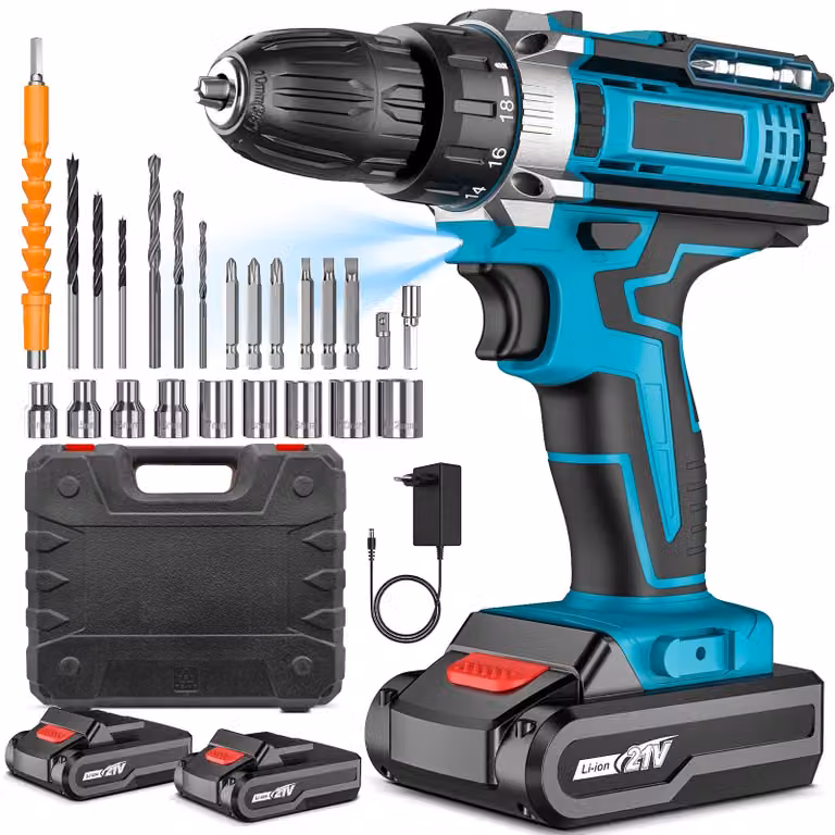 Trapano avvitatore a batteria, velocità di 1800 giri al minuto, coppia di 45 Nm, colore blu scuro