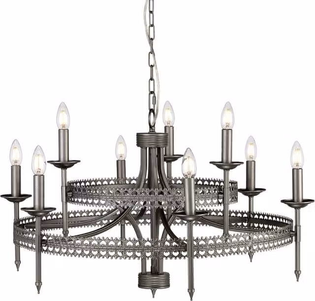 Lampadario Industrial Nordico Crown Acciaio Ferro Cancello 9 Luci E14