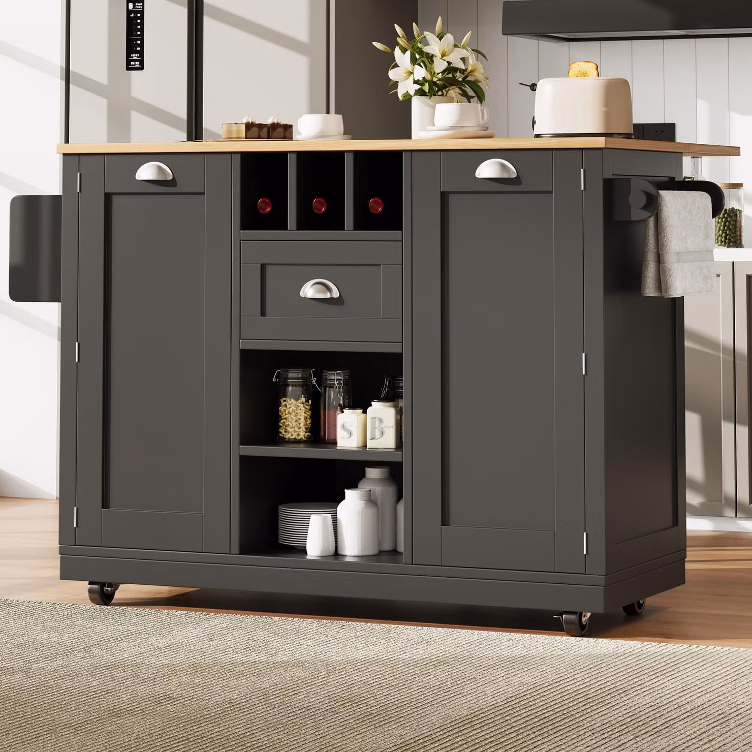 Isola da cucina con ruote, piano di lavoro pieghevole, scaffale per vino e spazio contenitivo, realizzata in MDF con finitura effetto legno, colore nero, dimensioni 140 x 40 x 93,5 cm
