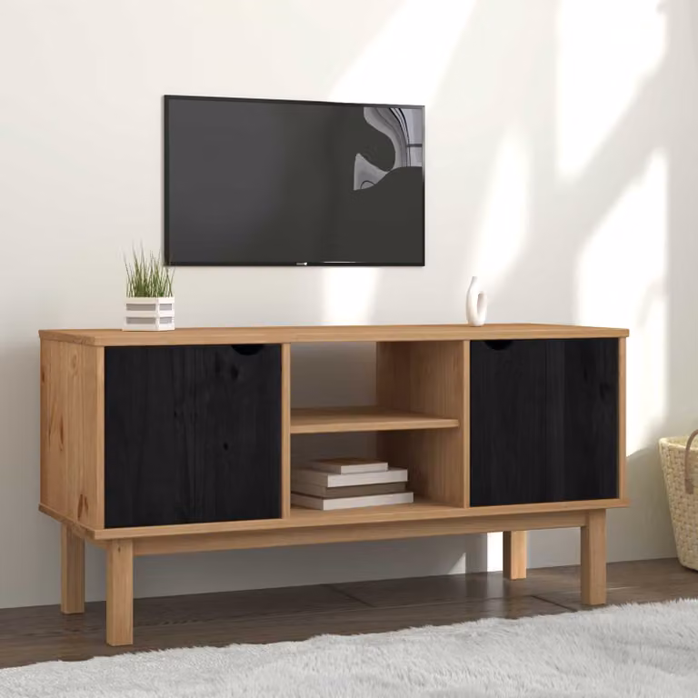 vidaXL Supporto TV OTTA in legno di pino massello nero L: 113,5 cm, P: 43 cm, H: 57 cm