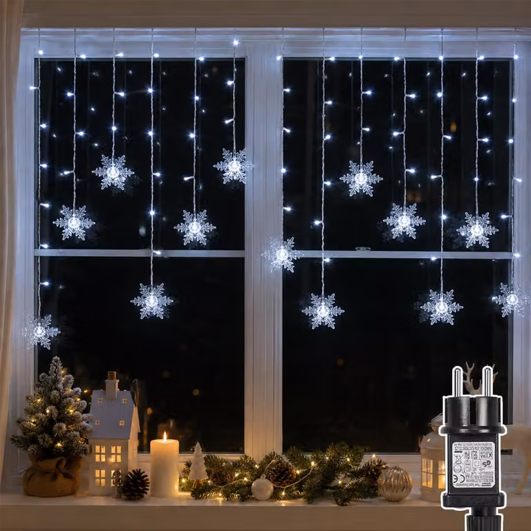 Catena luminosa LED da 1,8 metri, a forma di fiocco di neve, impermeabile, con 8 modalità di illuminazione, ideale per interni, giardino, decorazioni natalizie, colore bianco