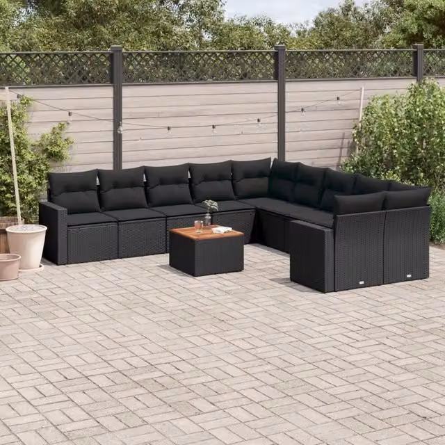 Set di Divani da Giardino VIDAXL in Polyrattan Nero con Cuscini, Design Moderno a L, 11 Pezzi – 1