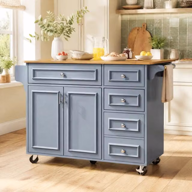 Isola da cucina 110x45-75x92 cm blu – piano ribaltabile, vano portaoggetti, 2 colli