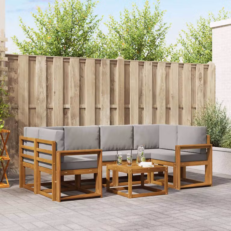 Set di divani da esterno vidaXL 7 pz in legno di acacia con cuscini Grigio e Marrone