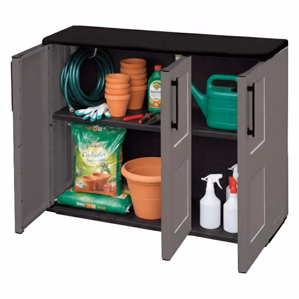 Armadio da esterno Aranka DMORA per giardino e balcone, 2 ripiani, Grigio, L: 102 cm, P: 37 cm, H: 84 cm – 2