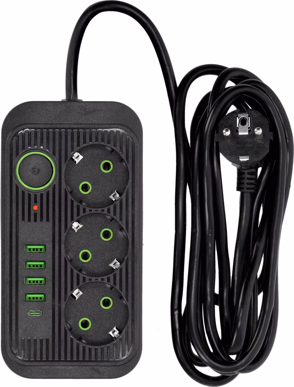 Prolunga KOBI LINEA PRO Nero Presa multipla a 3 scomparti Presa multipla con 4xUSB A e 1 USB-C, 2500W Presa multipla 10A Cavo di prolunga 3 m