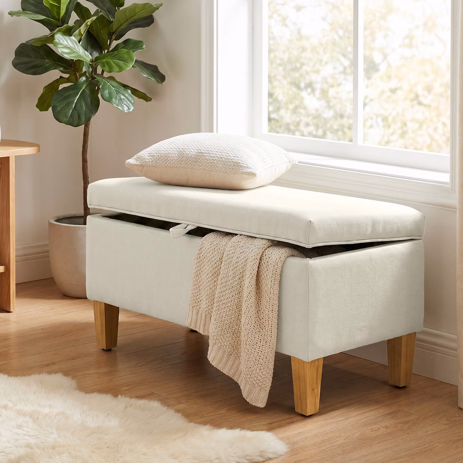 Panca Contenitore HOMCOM con Poggiapiedi Imbottito in Effetto Lino e Piedi in Legno di Caucciù, Beige, L: 71 cm, P: 37 cm, H: 36 cm – 2