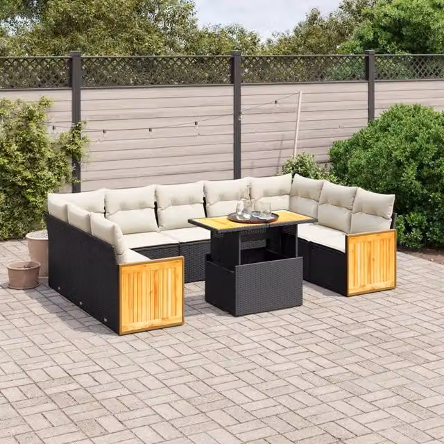 Set Divani da Giardino 10pz con Cuscini in Polyrattan Nero 3274101