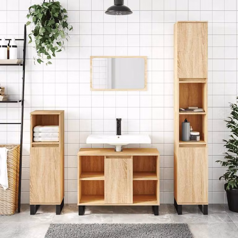 Mobile da bagno vidaXL in legno Rovere Sonoma marrone con ante a battente e ripiani interni L: 80 cm, P: 33 cm, H: 60 cm