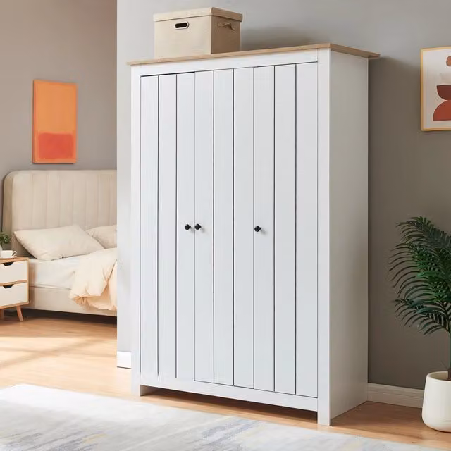 Armadio Guardaroba Vasand a 3 Ante con Barre Appenditi e Ripiani 175x120x52 cm Bianco / Effetto Rovere [en.casa]