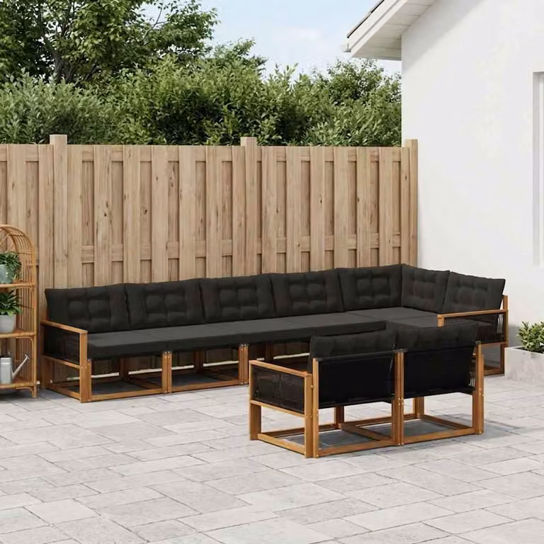 Set di divani da esterno vidaXL a forma di L composto da 8 pezzi in legno di acacia e textilene, colore marrone e nero