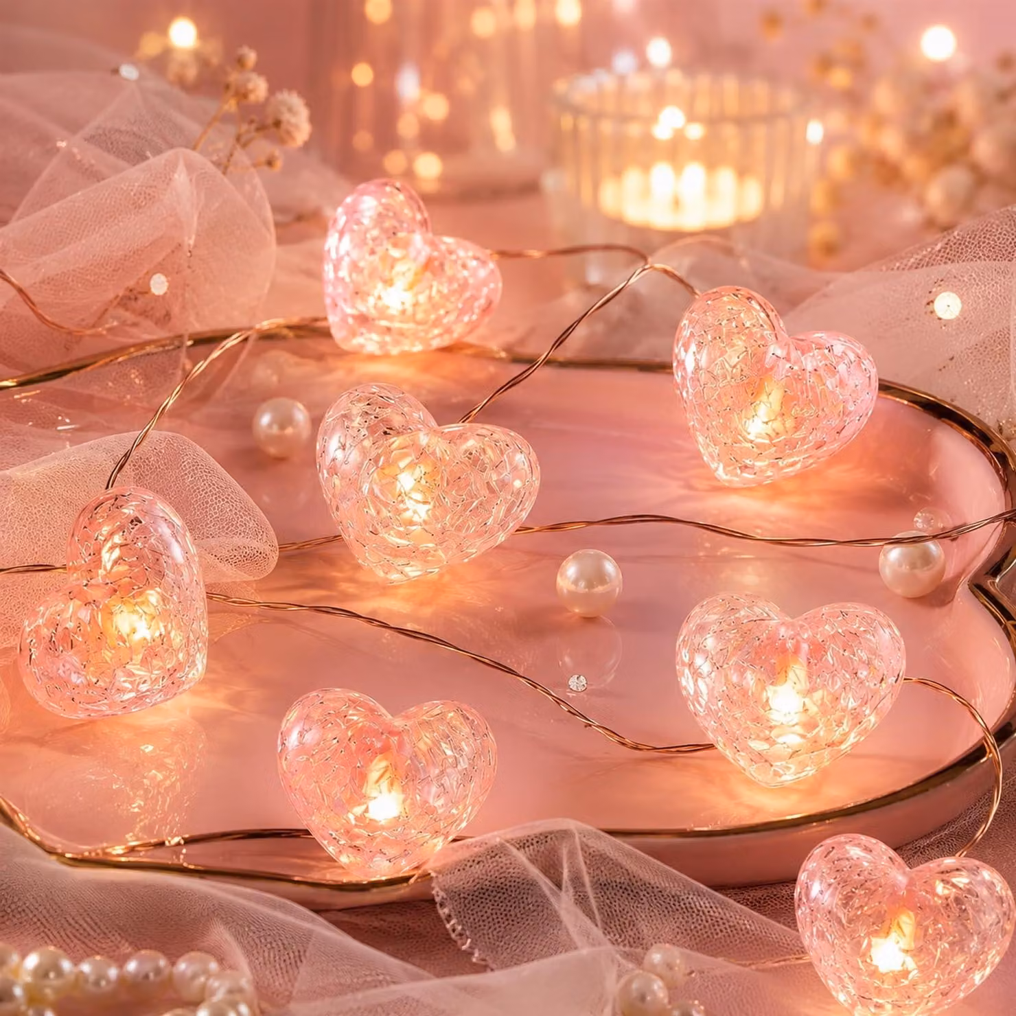 Catena luminosa a forma di cuore, in cristallo, lunghezza 1 metro, 10 LED, luce bianco caldo, alimentazione a batteria